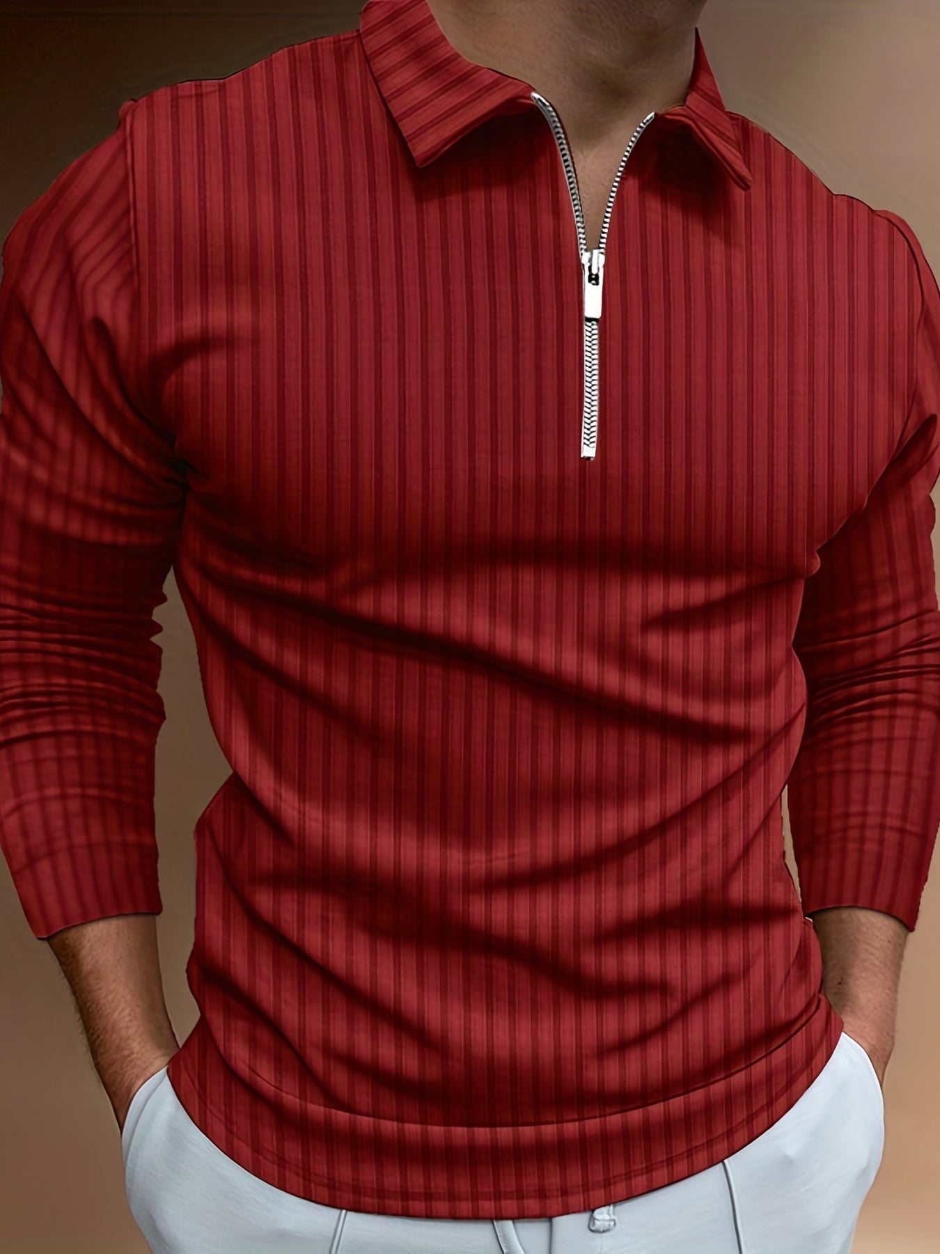 Vertical Stripe Men's Casual Long Sleeve Zipper Shirts, Lapel Collar Tops Pullovers, Men's Clothing For Spring Autumn