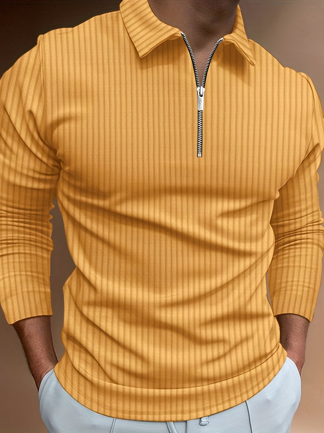 Vertical Stripe Men's Casual Long Sleeve Zipper Shirts, Lapel Collar Tops Pullovers, Men's Clothing For Spring Autumn