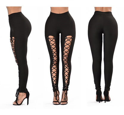 Sexy Loose Cross Lace Up Pants, Solid Double Breasted Cross Strap Tie Fashion Pants, Women's Clothing