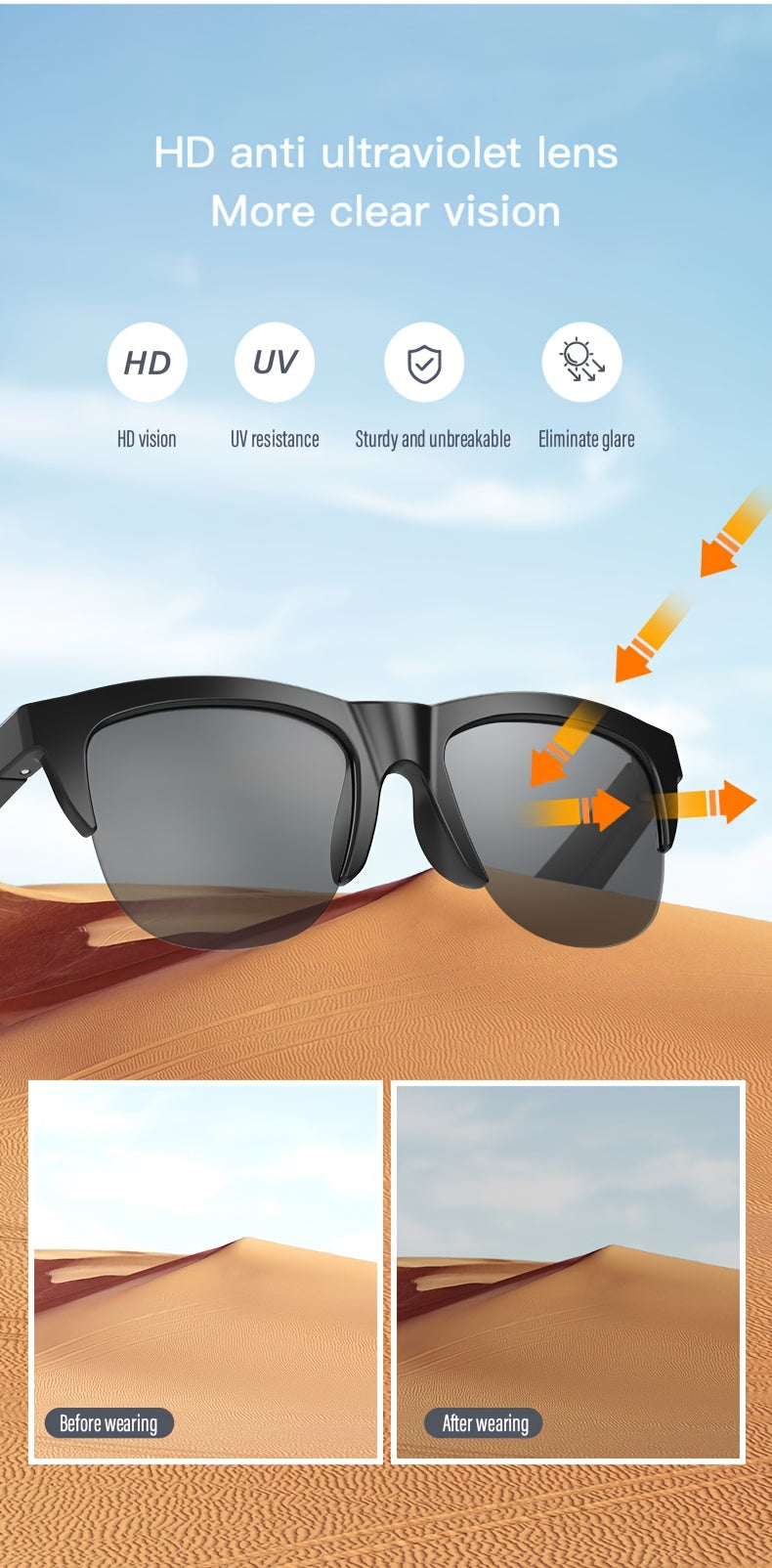 New Smart Wireless V5.3 Sunglasses, Multifunctional Glasses, Wireless Calls, Music Playback, Outdoor Sports Headphones, Rechargeable HIFI Sound Quality, HD Lenses, Black Technology, Unisex, Touch, Long Battery Life, UV Protec