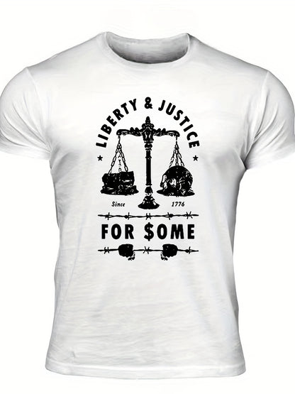 Men's "Liberty & Justice" Print T-shirt, Casual Comfy Slightly Stretch Crew Neck Tee, Men's Clothing For Summer Outdoor