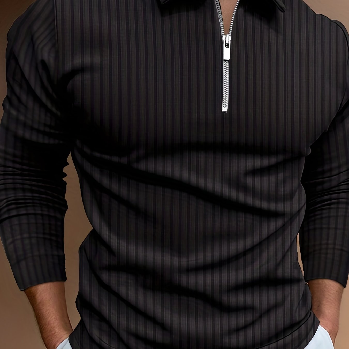 Vertical Stripe Men's Casual Long Sleeve Zipper Shirts, Lapel Collar Tops Pullovers, Men's Clothing For Spring Autumn