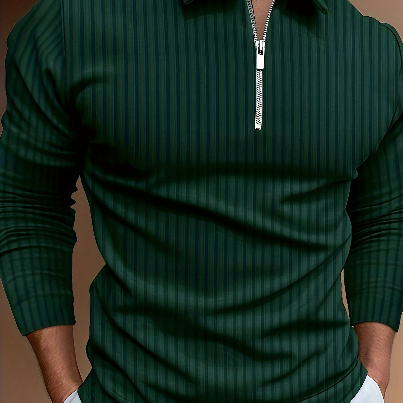 Vertical Stripe Men's Casual Long Sleeve Zipper Shirts, Lapel Collar Tops Pullovers, Men's Clothing For Spring Autumn