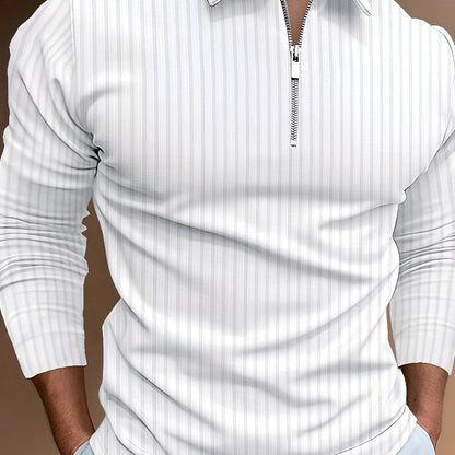Vertical Stripe Men's Casual Long Sleeve Zipper Shirts, Lapel Collar Tops Pullovers, Men's Clothing For Spring Autumn
