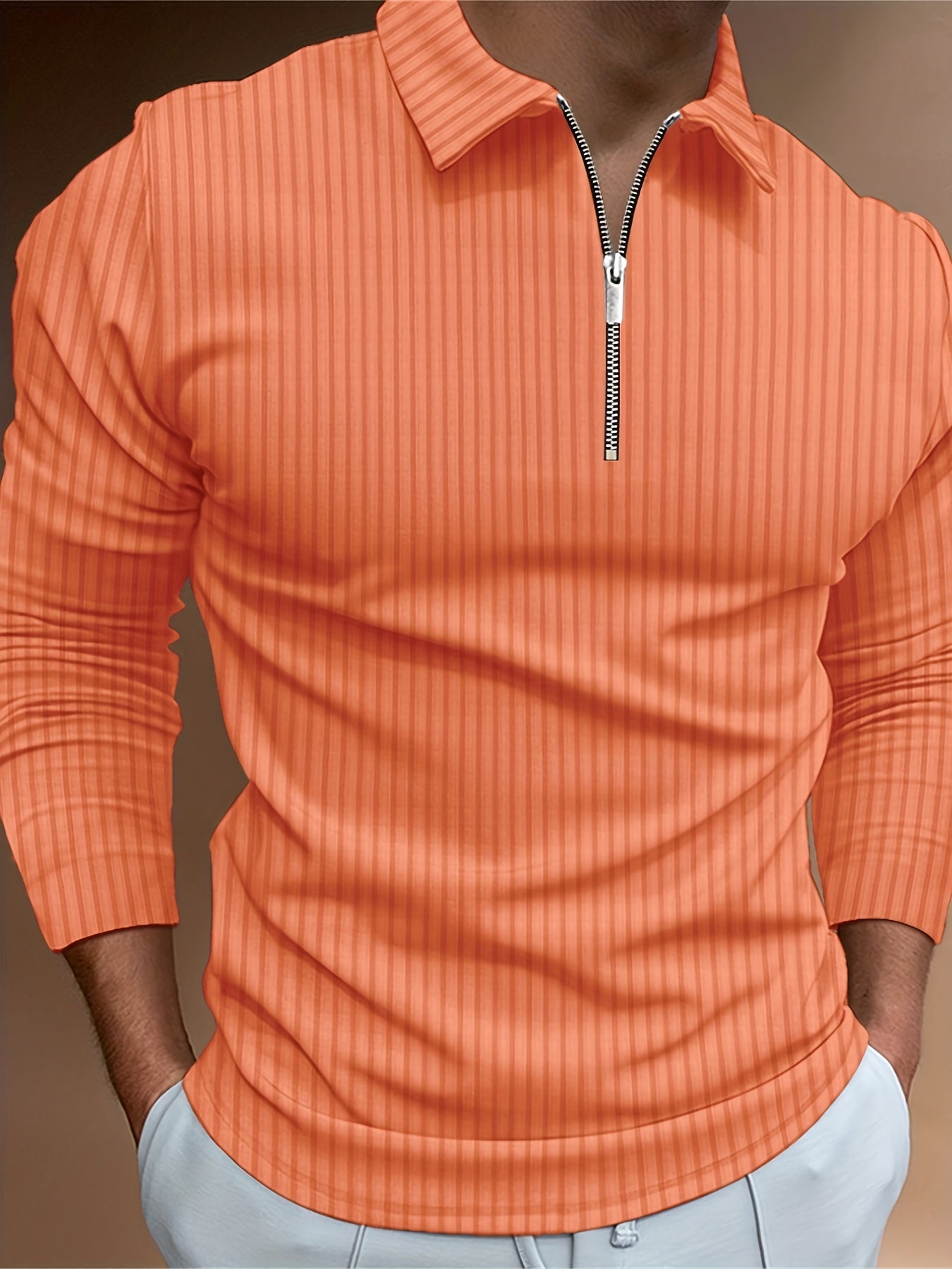 Vertical Stripe Men's Casual Long Sleeve Zipper Shirts, Lapel Collar Tops Pullovers, Men's Clothing For Spring Autumn