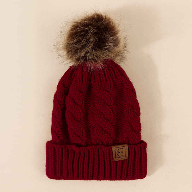 Winter Oversized Solid Color Cable Knitted Pom Pom Beanie Hat, Valentine's Gifts For Her