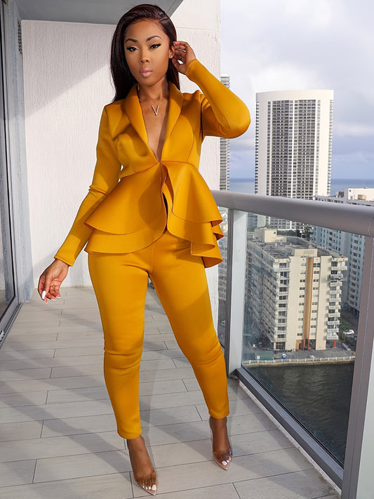 Fall/Winter Chic Solid Bodycon Tunic Pantsuit - Deep V-Neck, Ruffled Hem, Long Sleeve, Easy-Care Stretch Fabric for Casual Elegance