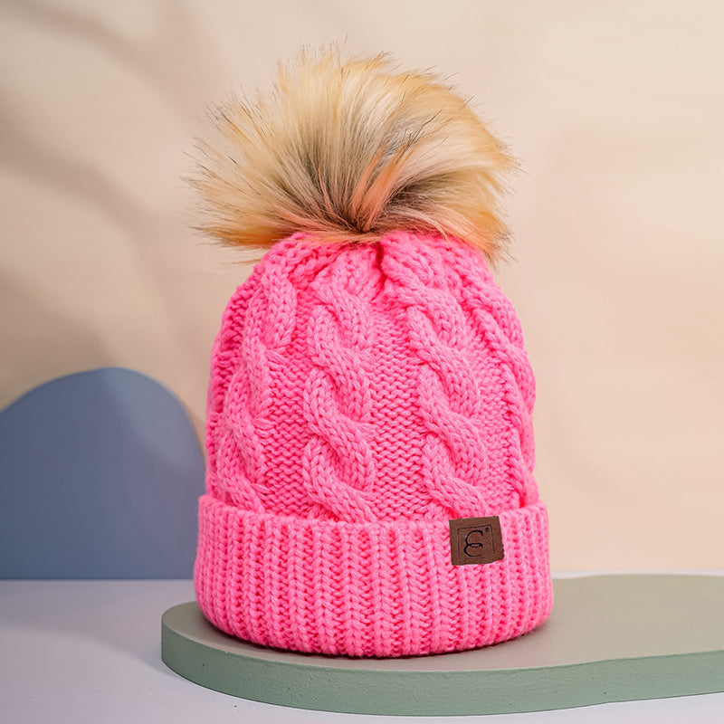 Winter Oversized Solid Color Cable Knitted Pom Pom Beanie Hat, Valentine's Gifts For Her
