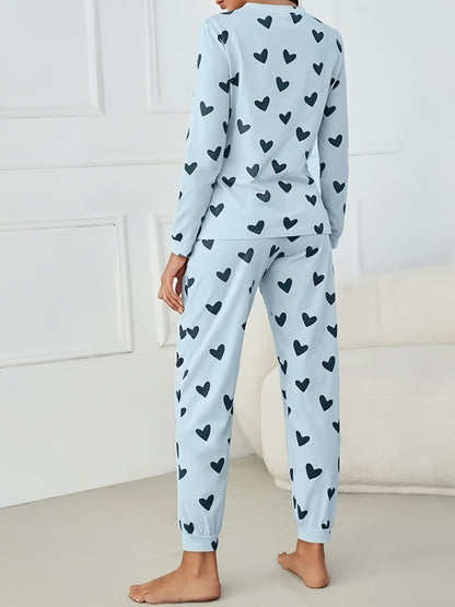 Long Sleeve Heart Print Pajama Set, Crew Neck Top & Elastic Waistband Pants for Women's Sleepwear & Loungewear