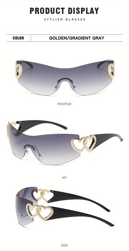 Y2K Wrap Around Fashion Sunglasses For Women Men One-piece Gradient Lens Glasses Heart Design Hollow Temple Eyewear sunglasses