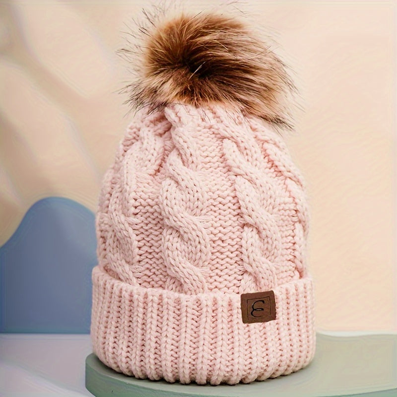 Winter Oversized Solid Color Cable Knitted Pom Pom Beanie Hat, Valentine's Gifts For Her