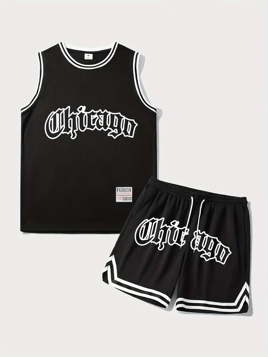 Men's 2 Piece Outfits, Chicago Letter Print, Striped Cuff Casual Graphic Tanktop And Loose Drawstring Shorts Set, Men's Clothing