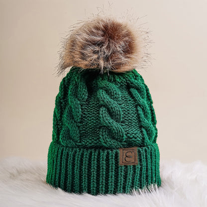 Winter Oversized Solid Color Cable Knitted Pom Pom Beanie Hat, Valentine's Gifts For Her
