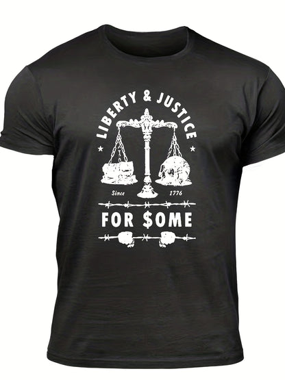 Men's "Liberty & Justice" Print T-shirt, Casual Comfy Slightly Stretch Crew Neck Tee, Men's Clothing For Summer Outdoor