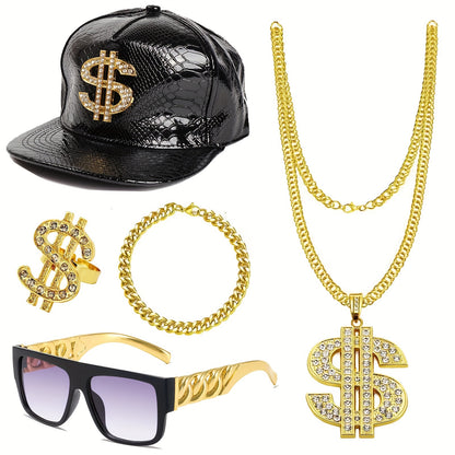 5Pcs Hip Hop Costume Kit 80s 90s Rapper Accessories Set Gold Rapper Hat Baseball Cap Punk Sunglasses Gold Dollar Sign Pendant Necklace Ring Bracelet For Men Women Carnivals, Throwback Party Outfit Halloween Jewelry Fun Access