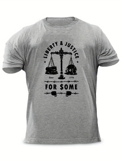 Men's "Liberty & Justice" Print T-shirt, Casual Comfy Slightly Stretch Crew Neck Tee, Men's Clothing For Summer Outdoor