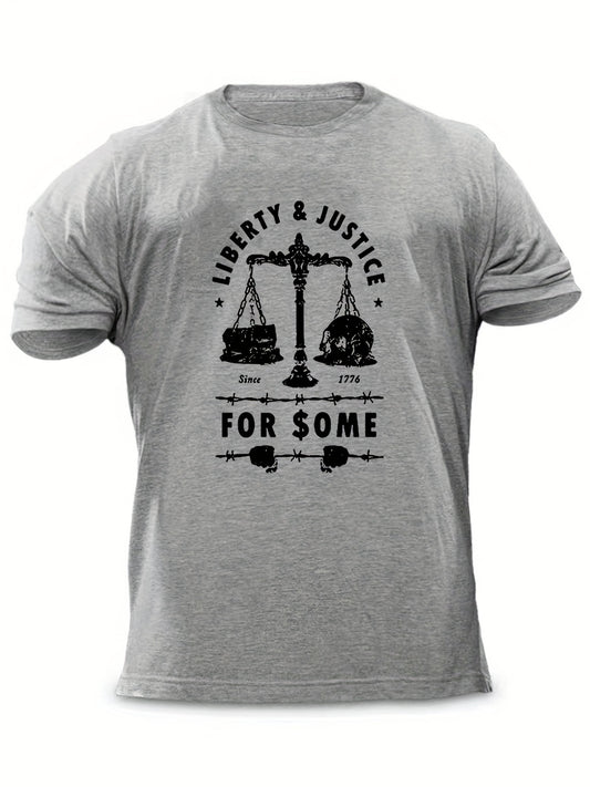 Men's "Liberty & Justice" Print T-shirt, Casual Comfy Slightly Stretch Crew Neck Tee, Men's Clothing For Summer Outdoor