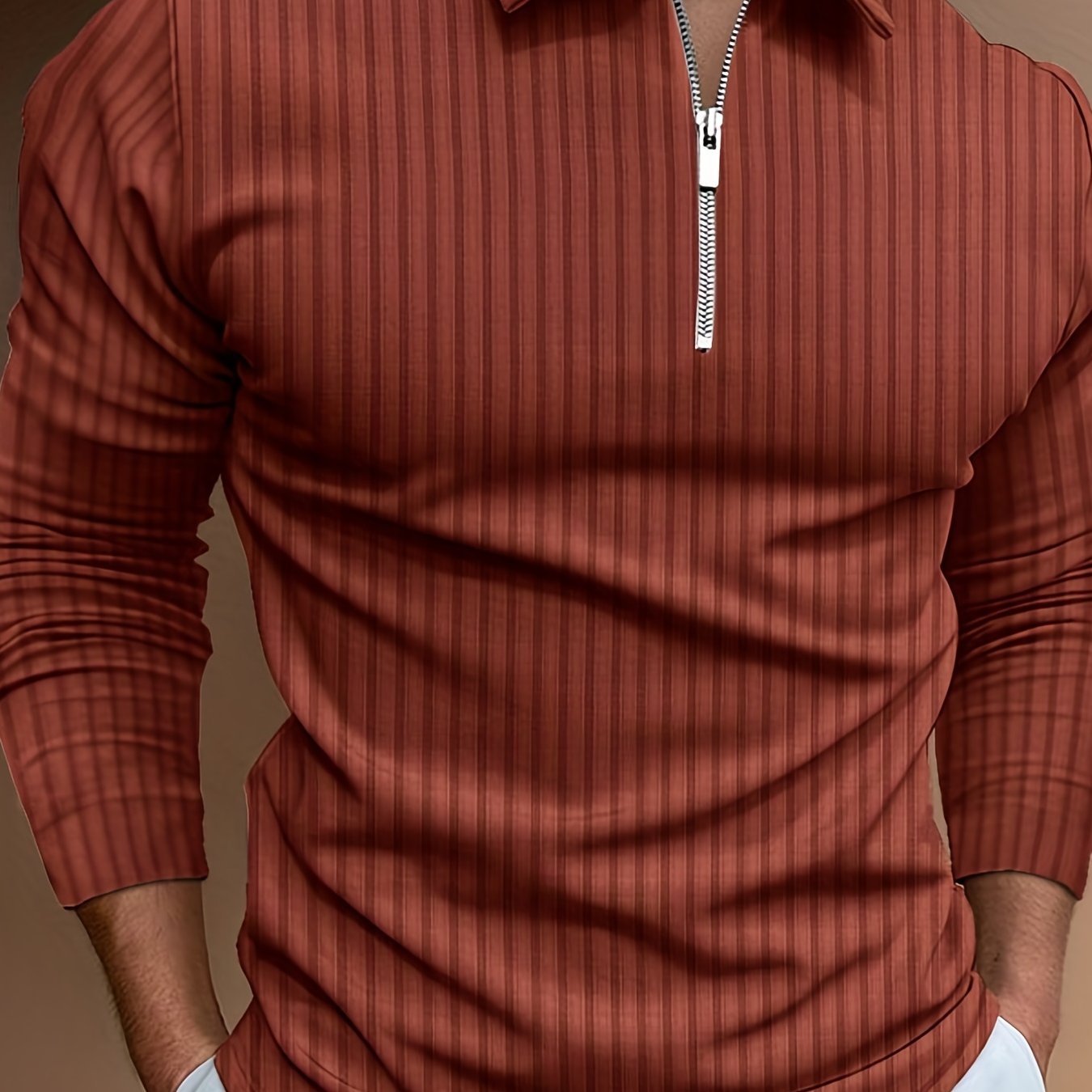 Vertical Stripe Men's Casual Long Sleeve Zipper Shirts, Lapel Collar Tops Pullovers, Men's Clothing For Spring Autumn