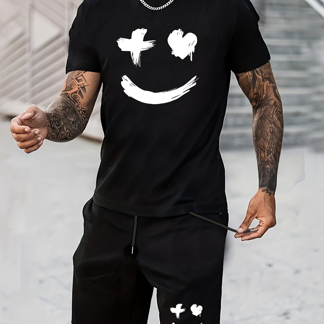 Big Smile Pattern 2Pcs Trendy Outfits For Men, Casual Crew Neck Short Sleeve T-shirt And Drawstring Shorts Set For Summer, Men's Clothing for Vacation Workout