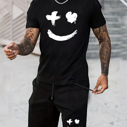 Big Smile Pattern 2Pcs Trendy Outfits For Men, Casual Crew Neck Short Sleeve T-shirt And Drawstring Shorts Set For Summer, Men's Clothing for Vacation Workout