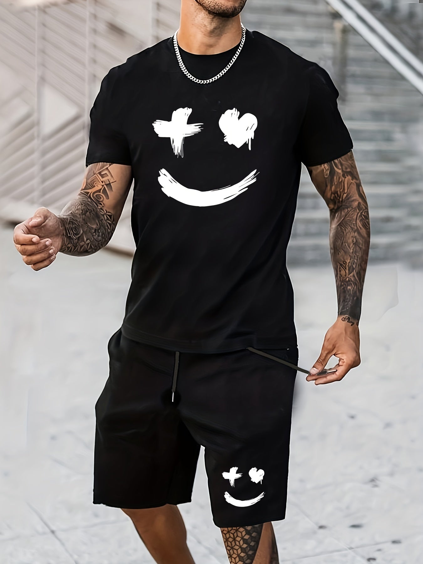 Big Smile Pattern 2Pcs Trendy Outfits For Men, Casual Crew Neck Short Sleeve T-shirt And Drawstring Shorts Set For Summer, Men's Clothing for Vacation Workout