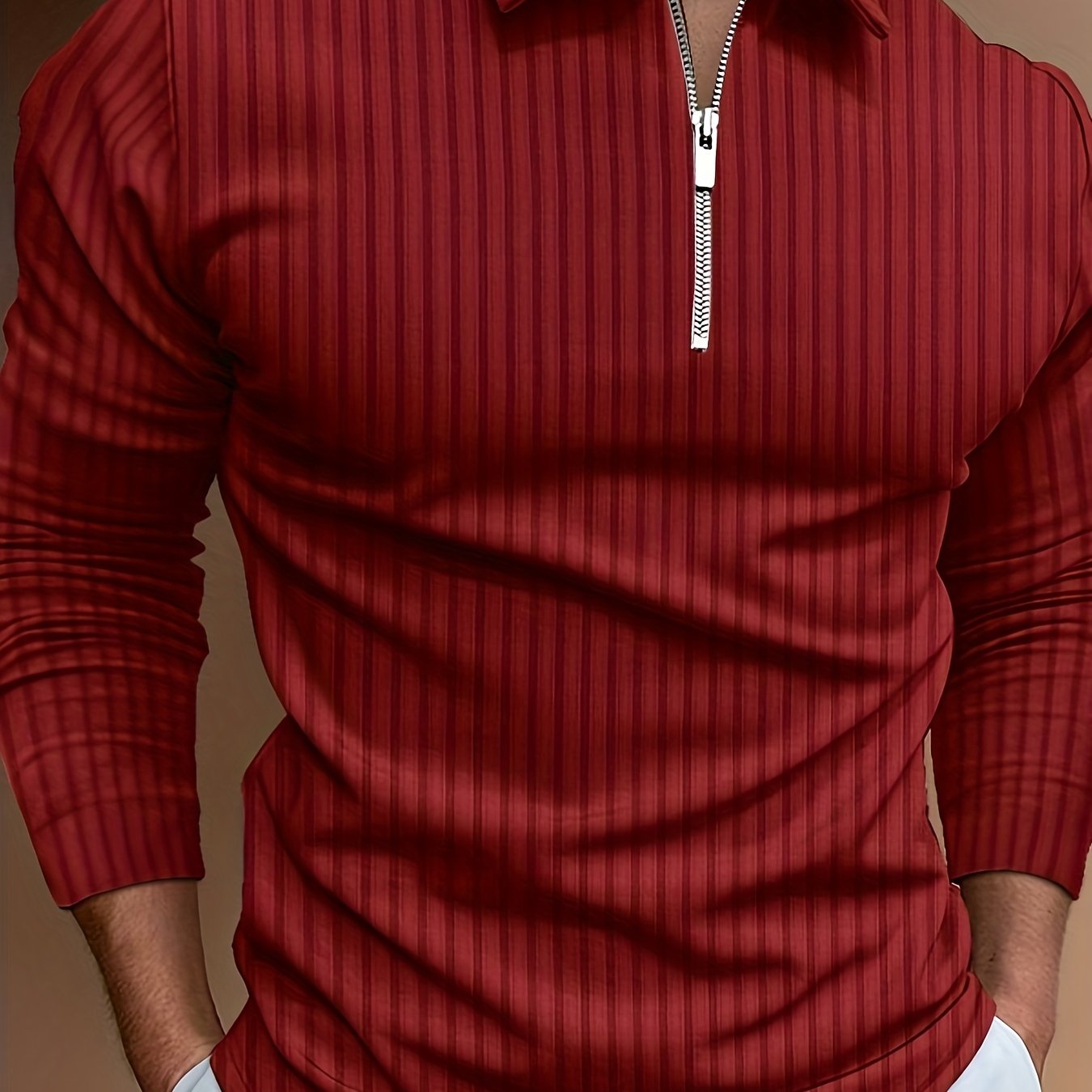Vertical Stripe Men's Casual Long Sleeve Zipper Shirts, Lapel Collar Tops Pullovers, Men's Clothing For Spring Autumn