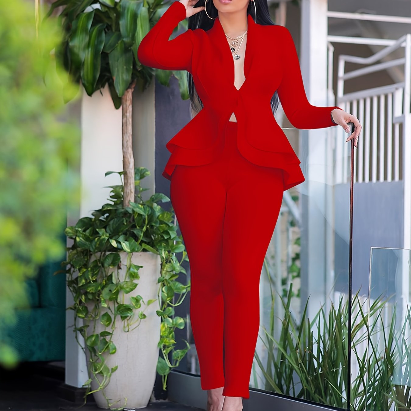 Fall/Winter Chic Solid Bodycon Tunic Pantsuit - Deep V-Neck, Ruffled Hem, Long Sleeve, Easy-Care Stretch Fabric for Casual Elegance