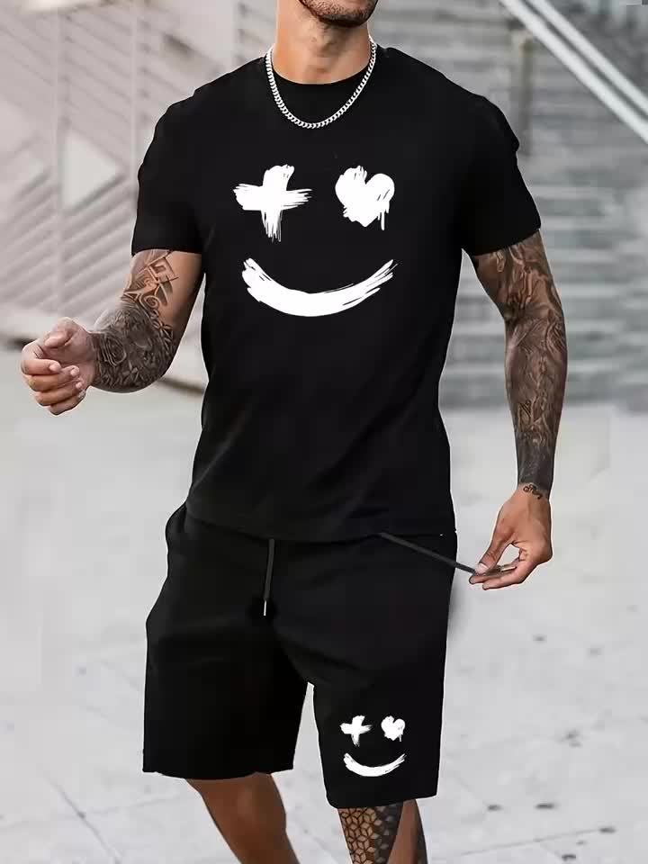 Big Smile Pattern 2Pcs Trendy Outfits For Men, Casual Crew Neck Short Sleeve T-shirt And Drawstring Shorts Set For Summer, Men's Clothing for Vacation Workout