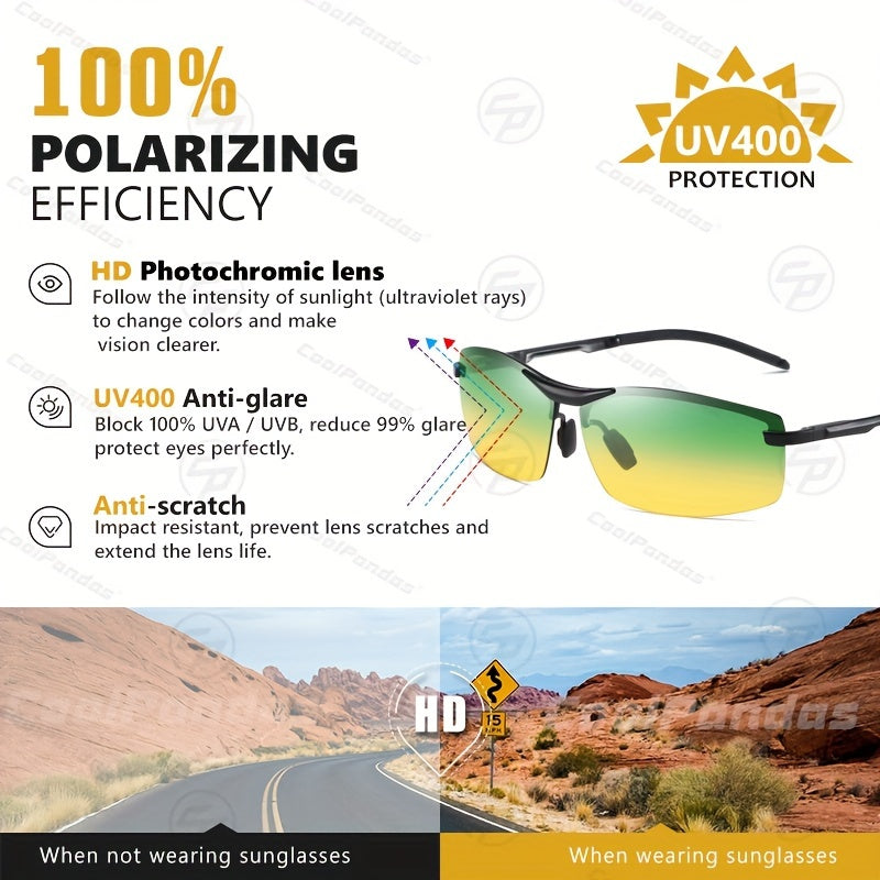UV400 Dual-Vision Photochromic Polarized Sunglasses: Day & Night Protection for Men & Women