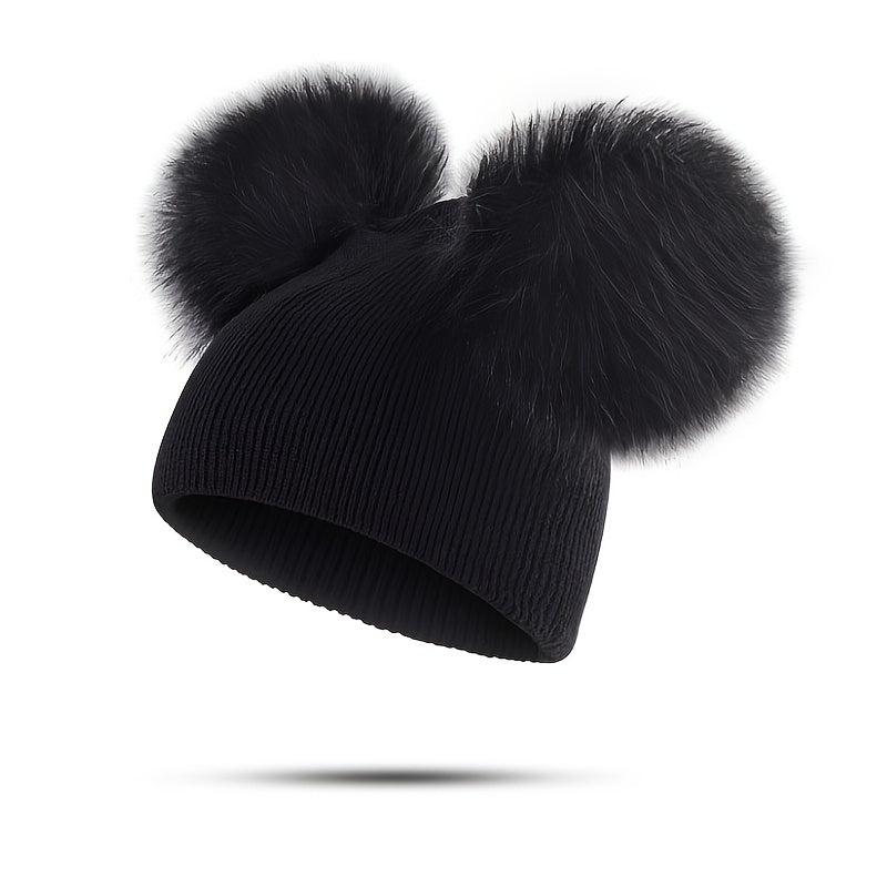 1-3 Years Old Kids' Warm Knitted Beanie Hat with Pompoms Fur Ball, Soft and Cozy for Boys and Girls