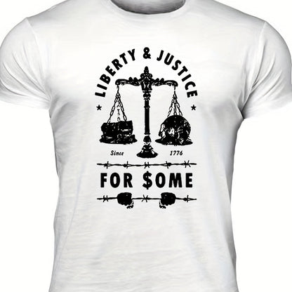 Men's "Liberty & Justice" Print T-shirt, Casual Comfy Slightly Stretch Crew Neck Tee, Men's Clothing For Summer Outdoor
