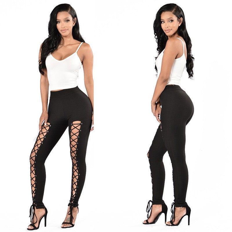 Sexy Loose Cross Lace Up Pants, Solid Double Breasted Cross Strap Tie Fashion Pants, Women's Clothing
