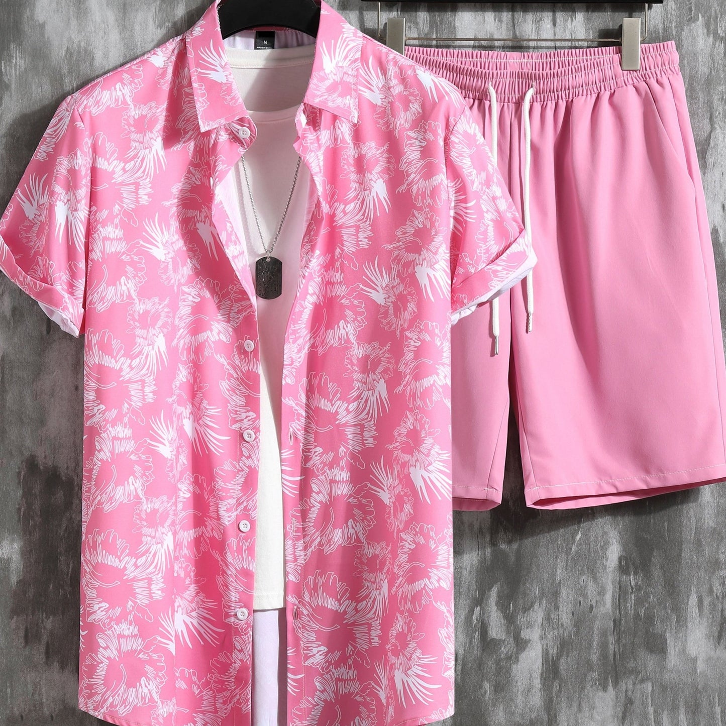 Tropical Floral Print, Men's 2Pcs Outfits, Casual Camp Collar Lapel Button Up Short Sleeve Shirts Hawaiian Shirt And Drawstring Shorts Set For Summer, Men's Clothing
