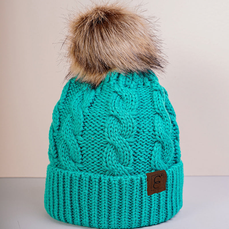 Winter Oversized Solid Color Cable Knitted Pom Pom Beanie Hat, Valentine's Gifts For Her