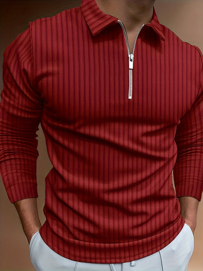 Vertical Stripe Men's Casual Long Sleeve Zipper Shirts, Lapel Collar Tops Pullovers, Men's Clothing For Spring Autumn