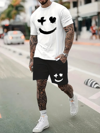 Big Smile Pattern 2Pcs Trendy Outfits For Men, Casual Crew Neck Short Sleeve T-shirt And Drawstring Shorts Set For Summer, Men's Clothing for Vacation Workout