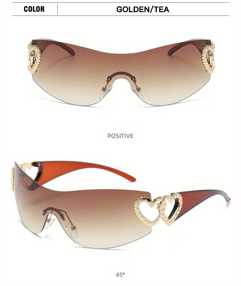 Y2K Wrap Around Fashion Sunglasses For Women Men One-piece Gradient Lens Glasses Heart Design Hollow Temple Eyewear sunglasses