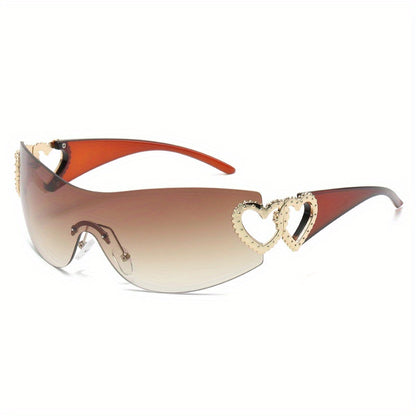 Y2K Wrap Around Fashion Sunglasses For Women Men One-piece Gradient Lens Glasses Heart Design Hollow Temple Eyewear sunglasses