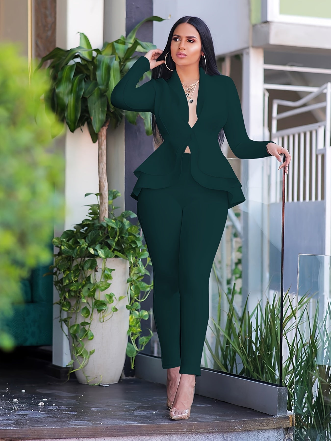 Fall/Winter Chic Solid Bodycon Tunic Pantsuit - Deep V-Neck, Ruffled Hem, Long Sleeve, Easy-Care Stretch Fabric for Casual Elegance