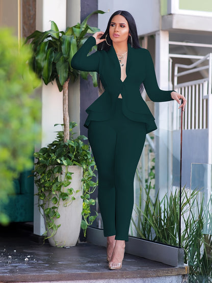 Fall/Winter Chic Solid Bodycon Tunic Pantsuit - Deep V-Neck, Ruffled Hem, Long Sleeve, Easy-Care Stretch Fabric for Casual Elegance
