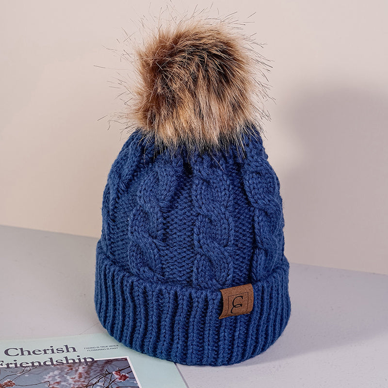 Winter Oversized Solid Color Cable Knitted Pom Pom Beanie Hat, Valentine's Gifts For Her