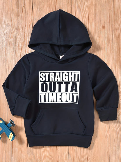 Children's STRAIGHT OUTTA TIMEOUT Letter Print Hooded Sweatshirt With Pocket, Kids Cotton Active Hoodies