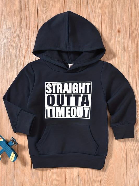 Children's STRAIGHT OUTTA TIMEOUT Letter Print Hooded Sweatshirt With Pocket, Kids Cotton Active Hoodies