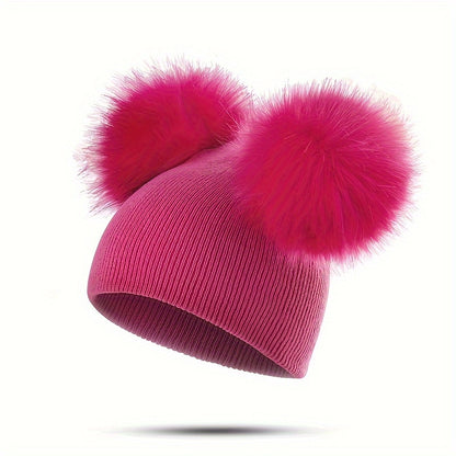 1-3 Years Old Kids' Warm Knitted Beanie Hat with Pompoms Fur Ball, Soft and Cozy for Boys and Girls