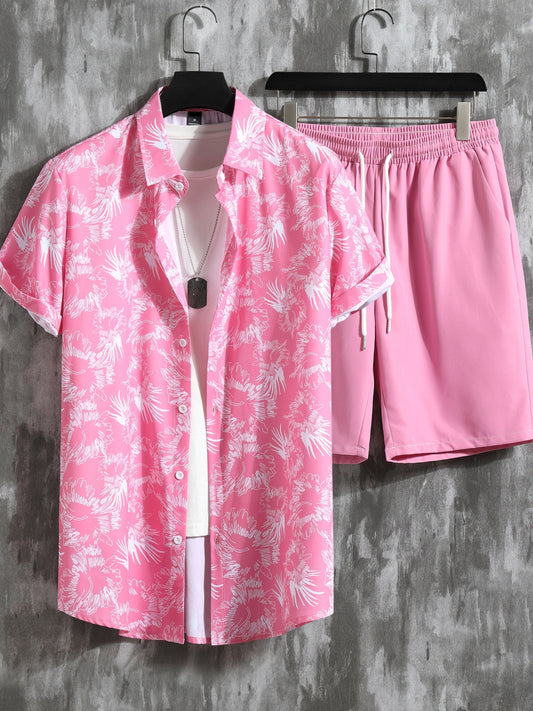 Tropical Floral Print, Men's 2Pcs Outfits, Casual Camp Collar Lapel Button Up Short Sleeve Shirts Hawaiian Shirt And Drawstring Shorts Set For Summer, Men's Clothing