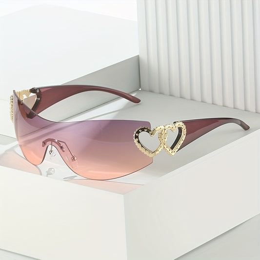 Y2K Wrap Around Fashion Sunglasses For Women Men One-piece Gradient Lens Glasses Heart Design Hollow Temple Eyewear sunglasses