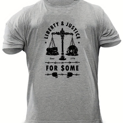 Men's "Liberty & Justice" Print T-shirt, Casual Comfy Slightly Stretch Crew Neck Tee, Men's Clothing For Summer Outdoor