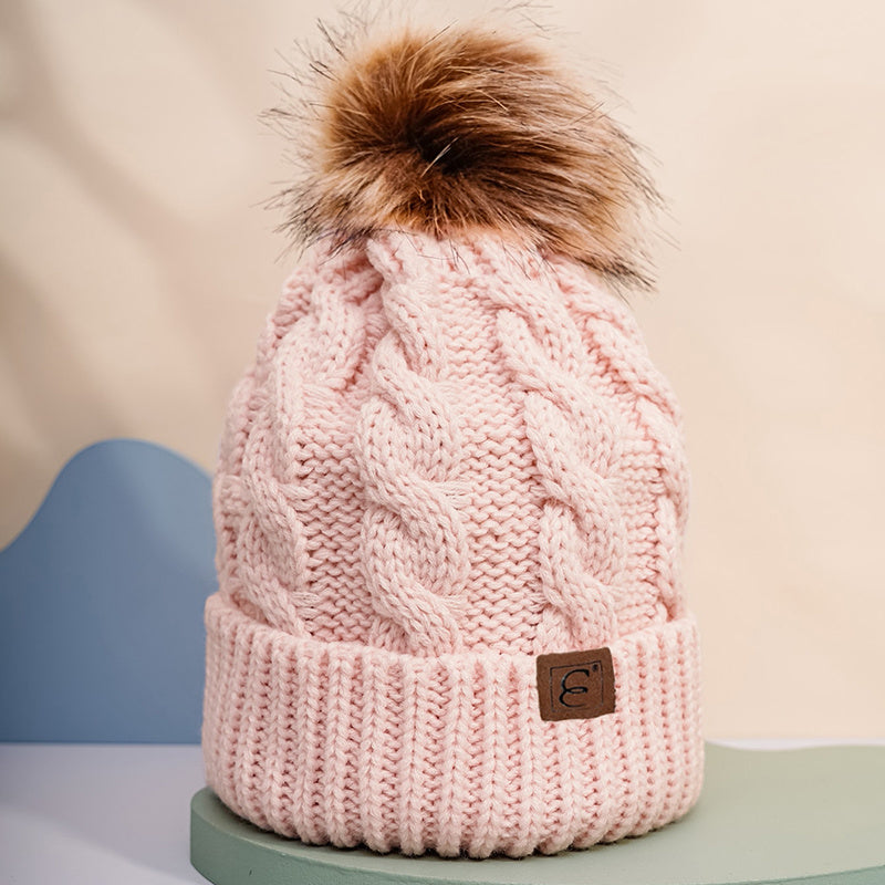 Winter Oversized Solid Color Cable Knitted Pom Pom Beanie Hat, Valentine's Gifts For Her