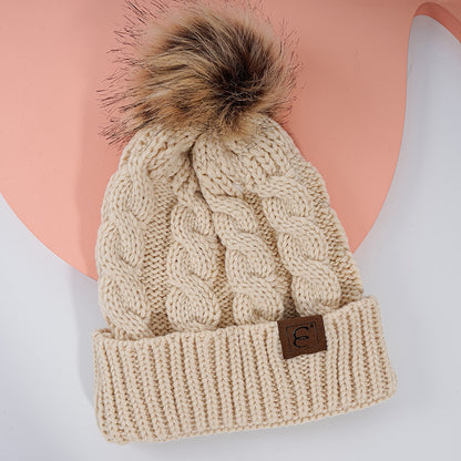 Winter Oversized Solid Color Cable Knitted Pom Pom Beanie Hat, Valentine's Gifts For Her