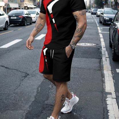 2Pcs Trendy Outfits For Men, Casual Crew Neck Short Sleeve T-shirt And Drawstring Shorts Set For Summer, Men's Clothing Vacation Workout